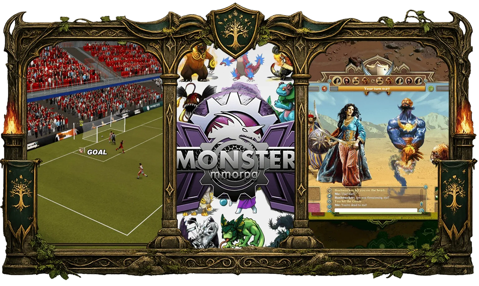 Decoratief fantasy-kader met previews van Margonem, MonsterMMORPG en Nadirim in de browser